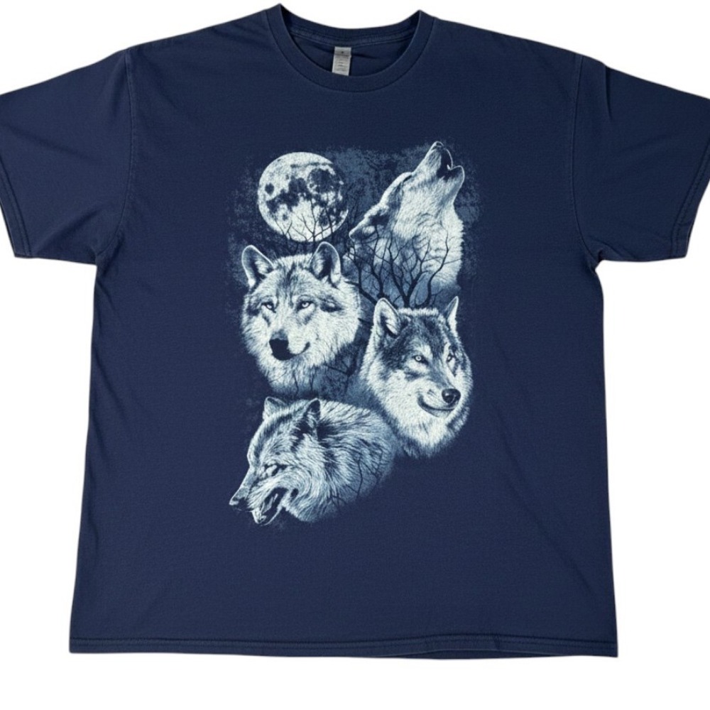 Gildan Heavy Cotton Wolf Moon Graphic T-Shirt Navy Blue Mens XL Nature‎ Tee vtg